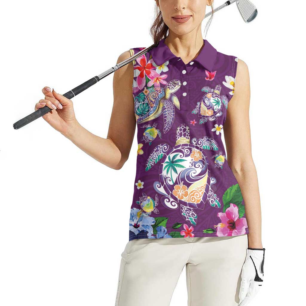 Hawaiian Turtles and Tropical Plants Women Sleeveless Polo Shirt Purple Watercolor LT03 - Polynesian Pride