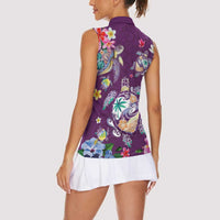 Hawaiian Turtles and Tropical Plants Women Sleeveless Polo Shirt Purple Watercolor LT03 - Polynesian Pride