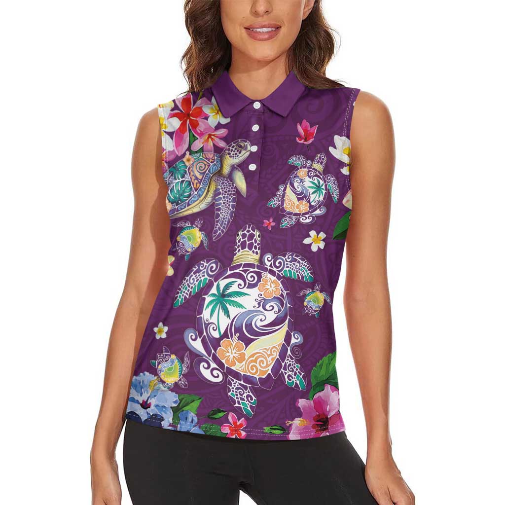 Hawaiian Turtles and Tropical Plants Women Sleeveless Polo Shirt Purple Watercolor LT03 - Polynesian Pride