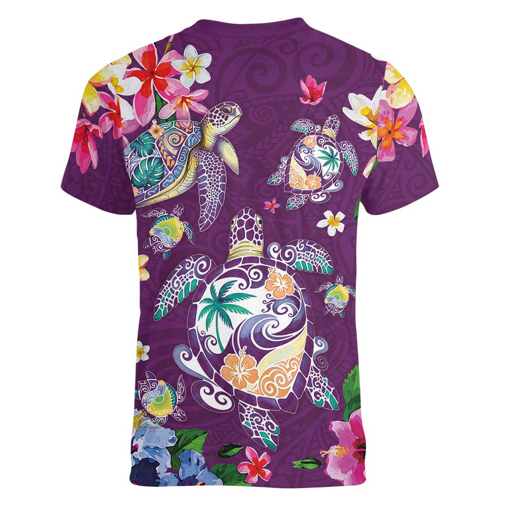 Hawaiian Turtles and Tropical Plants Women V-Neck T-Shirt Purple Watercolor LT03 - Polynesian Pride