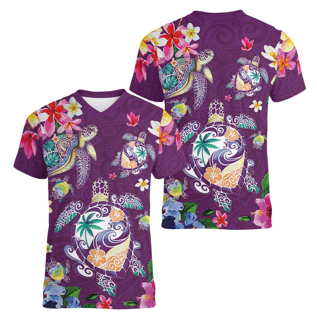 Hawaiian Turtles and Tropical Plants Women V-Neck T-Shirt Purple Watercolor LT03 - Polynesian Pride