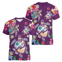Hawaiian Turtles and Tropical Plants Women V-Neck T-Shirt Purple Watercolor LT03 - Polynesian Pride