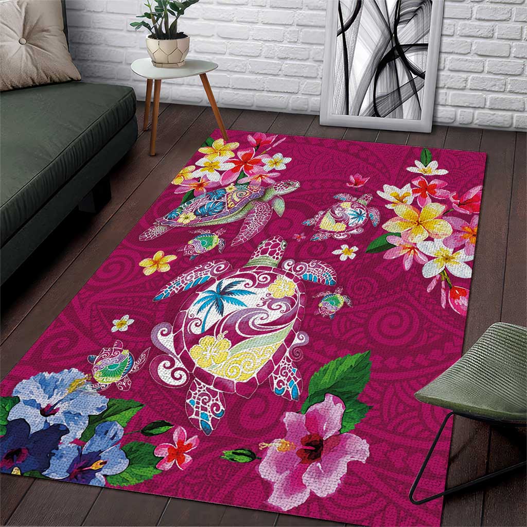 Hawaiian Turtles and Tropical Plants Area Rug Pink Watercolor LT03 Pink - Polynesian Pride
