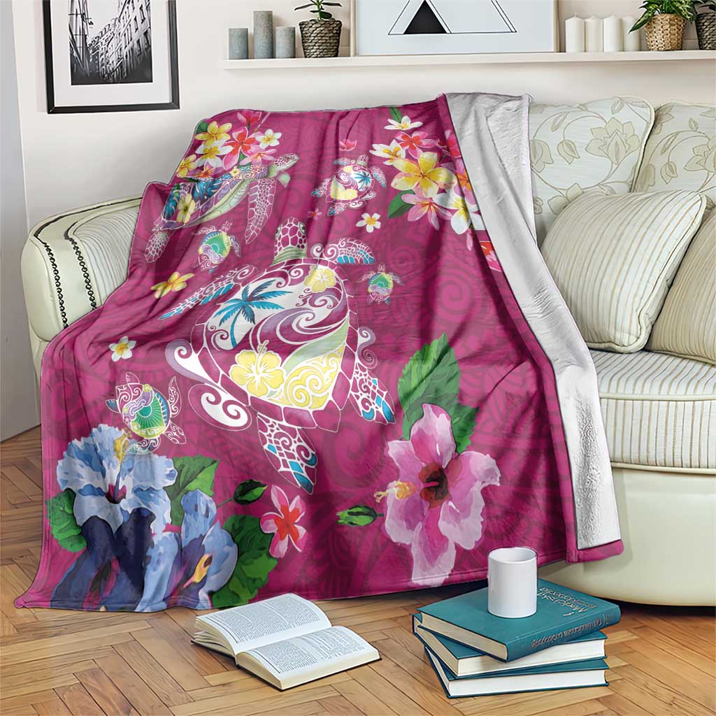 Hawaiian Turtles and Tropical Plants Blanket Pink Watercolor