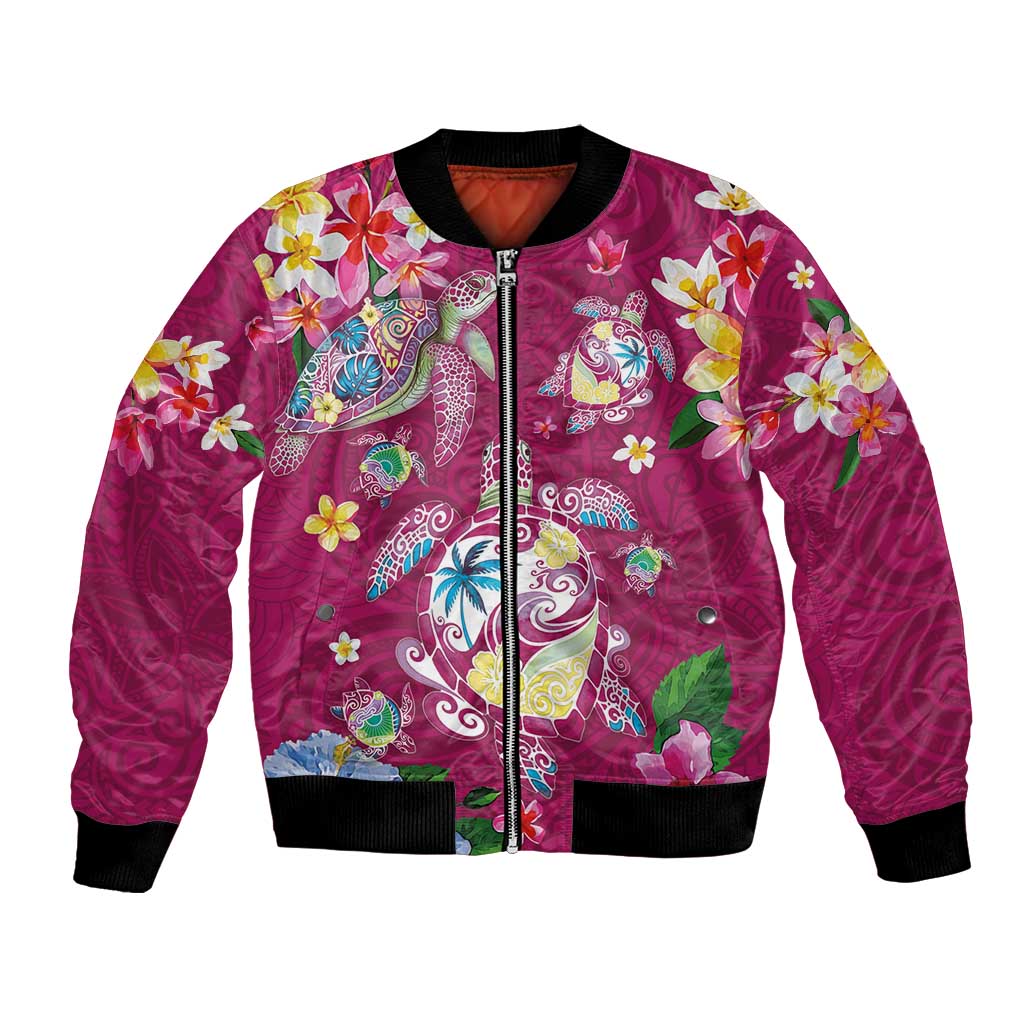 Hawaiian Turtles and Tropical Plants Bomber Jacket Pink Watercolor