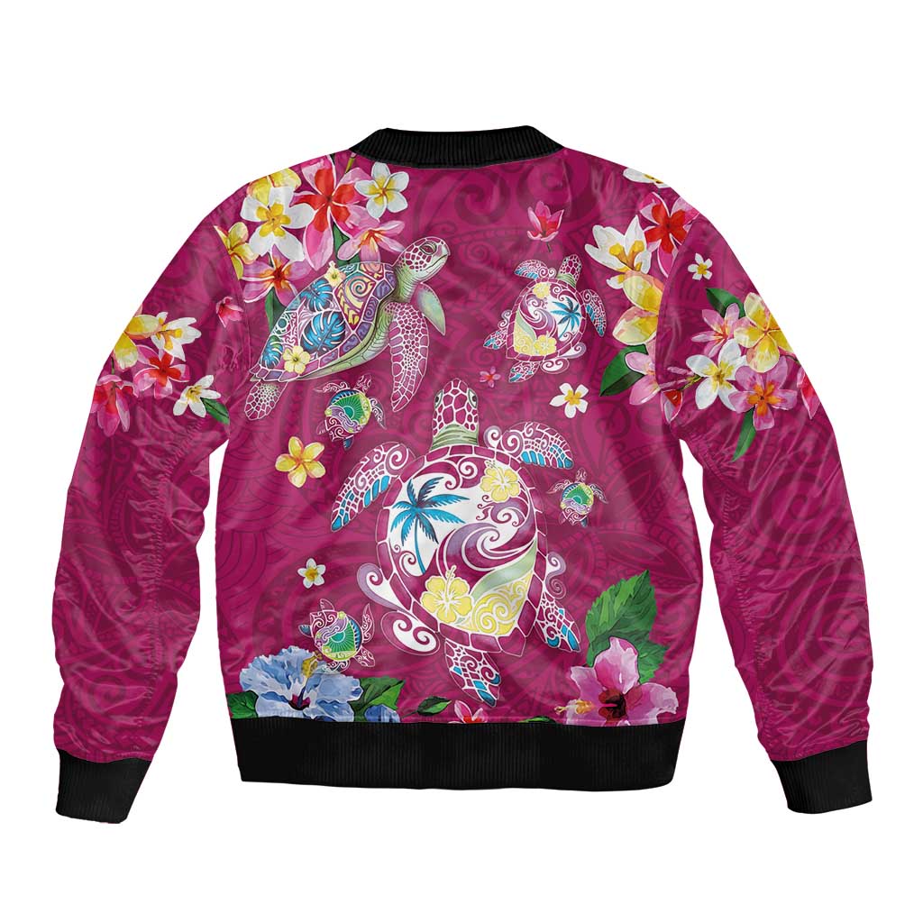 Hawaiian Turtles and Tropical Plants Bomber Jacket Pink Watercolor
