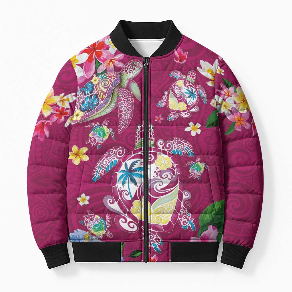 Hawaiian Turtles and Tropical Plants Bomber Puffer Jacket Pink Watercolor