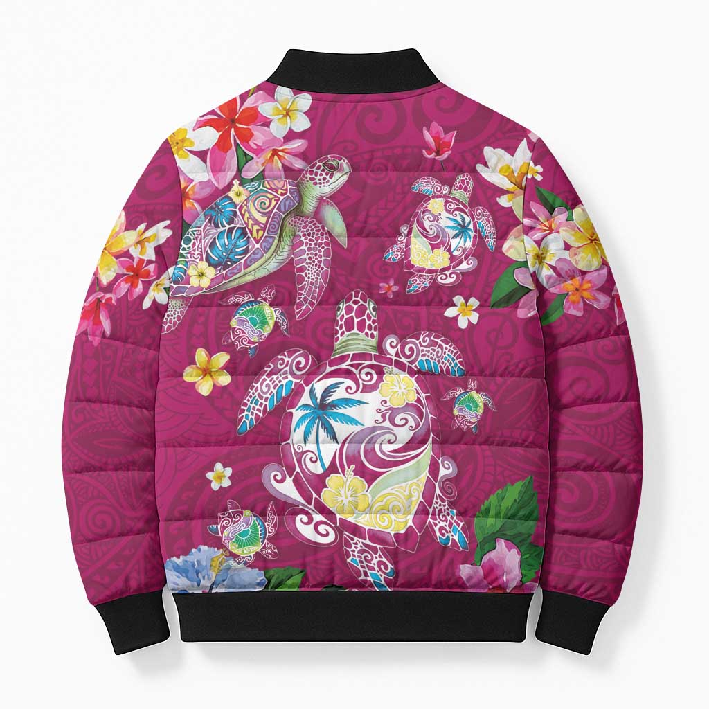 Hawaiian Turtles and Tropical Plants Bomber Puffer Jacket Pink Watercolor