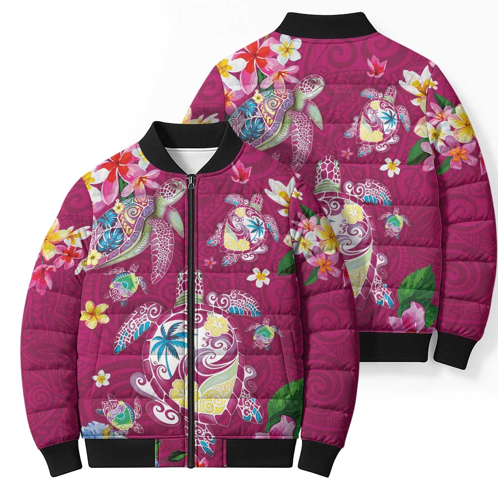 Hawaiian Turtles and Tropical Plants Bomber Puffer Jacket Pink Watercolor