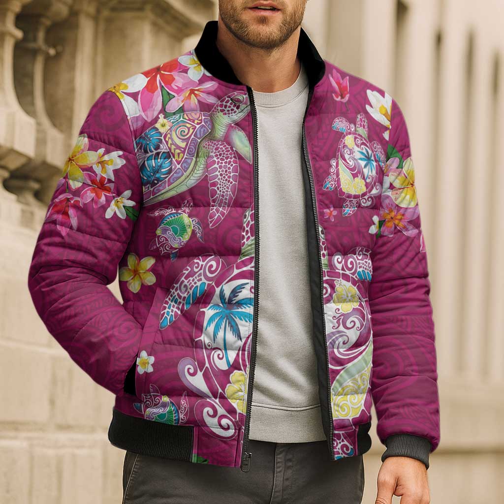 Hawaiian Turtles and Tropical Plants Bomber Puffer Jacket Pink Watercolor