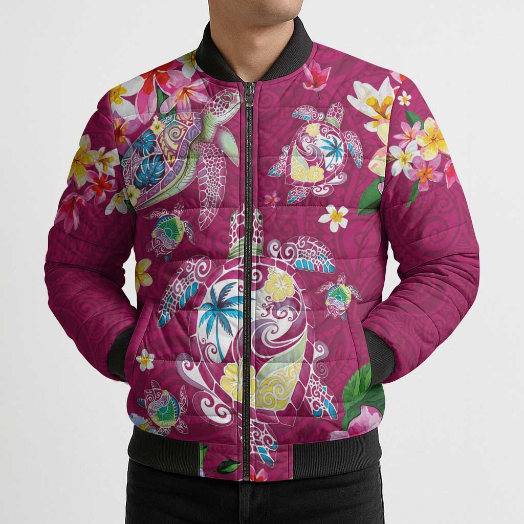 Hawaiian Turtles and Tropical Plants Bomber Puffer Jacket Pink Watercolor