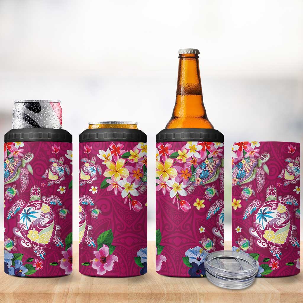 Hawaiian Turtles and Tropical Plants 4 in 1 Can Cooler Tumbler Pink Watercolor LT03 - Polynesian Pride