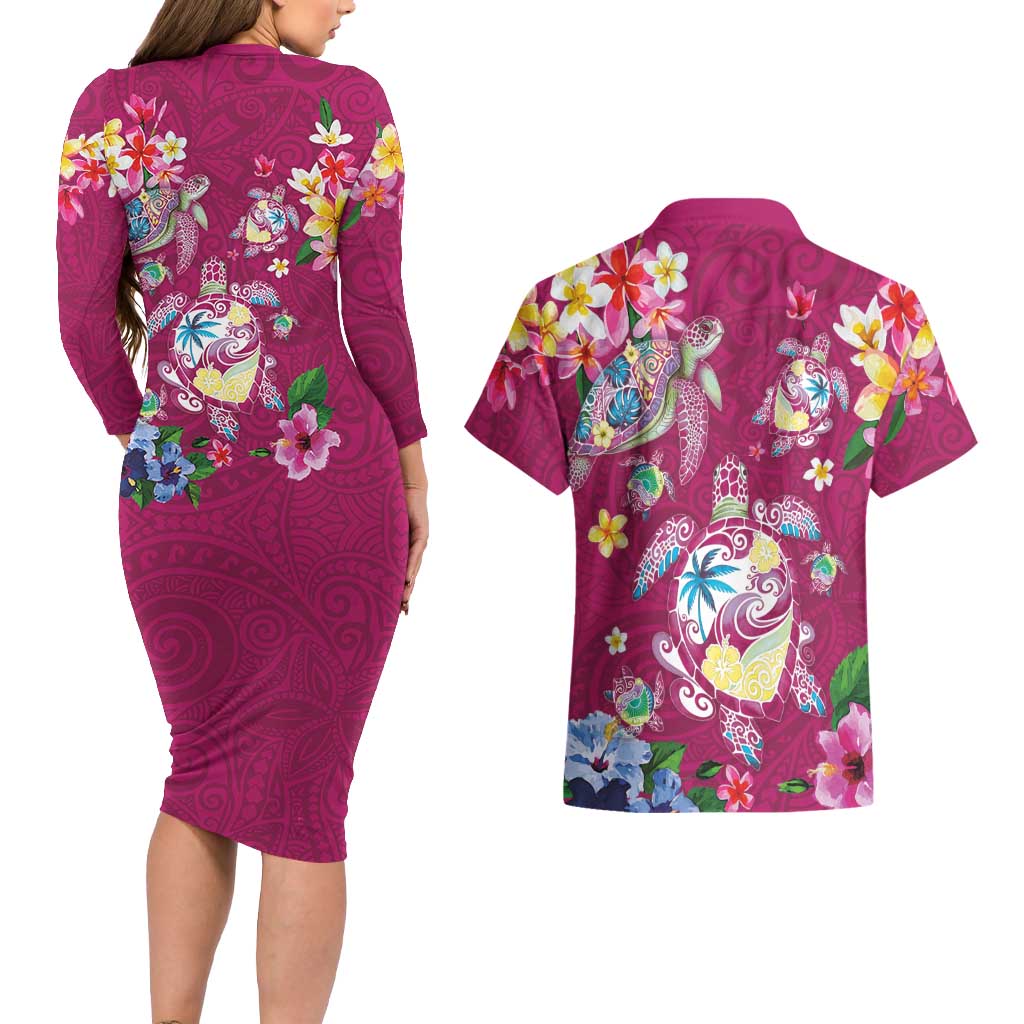 Hawaiian Turtles and Tropical Plants Couples Matching Long Sleeve Bodycon Dress and Hawaiian Shirt Pink Watercolor