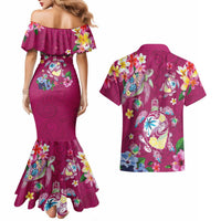 Hawaiian Turtles and Tropical Plants Couples Matching Mermaid Dress and Hawaiian Shirt Pink Watercolor