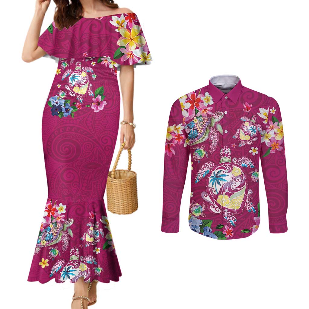 Hawaiian Turtles and Tropical Plants Couples Matching Mermaid Dress and Long Sleeve Button Shirt Pink Watercolor LT03 Pink - Polynesian Pride