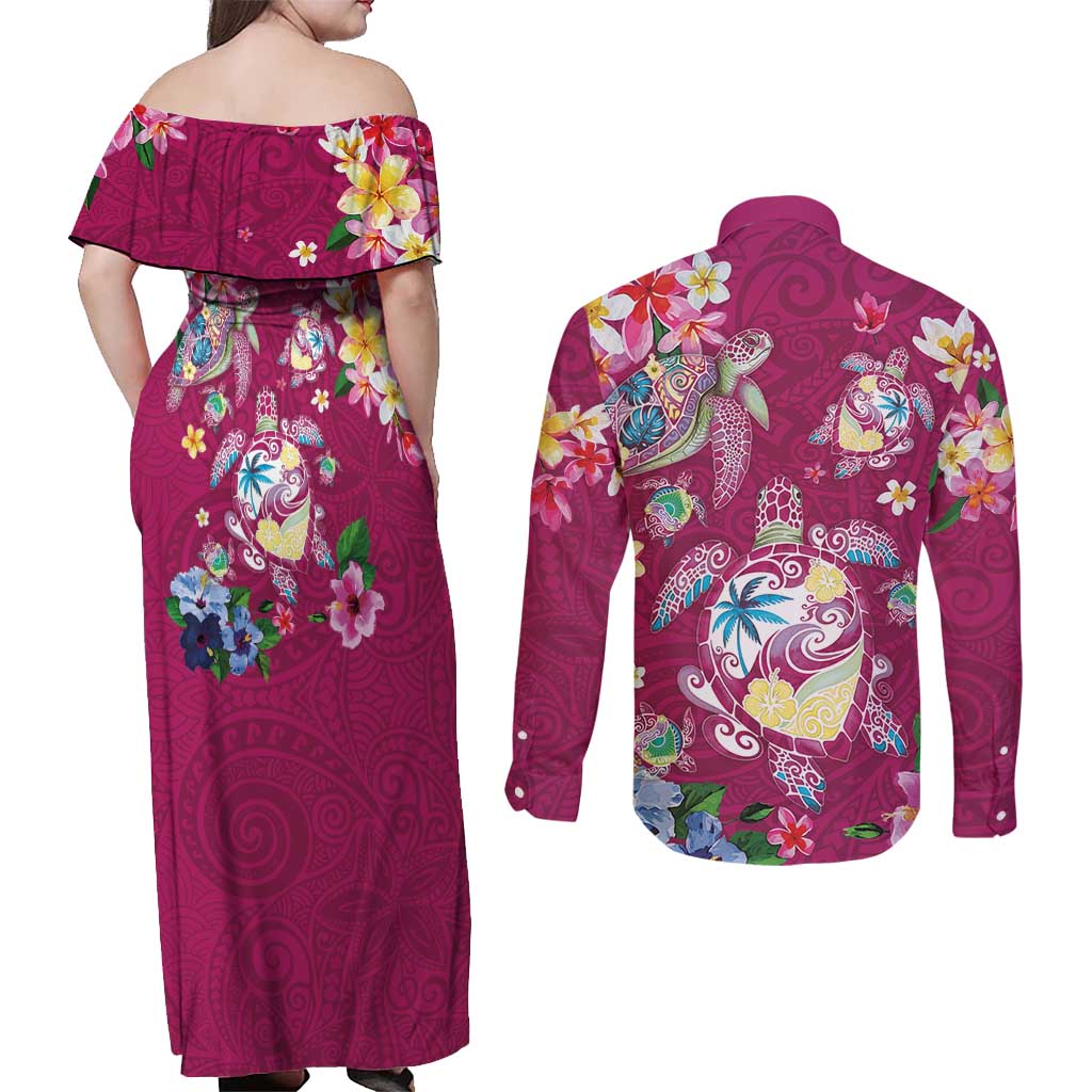 Hawaiian Turtles and Tropical Plants Couples Matching Off Shoulder Maxi Dress and Long Sleeve Button Shirt Pink Watercolor LT03 - Polynesian Pride