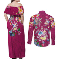 Hawaiian Turtles and Tropical Plants Couples Matching Off Shoulder Maxi Dress and Long Sleeve Button Shirt Pink Watercolor LT03 - Polynesian Pride