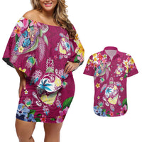 Hawaiian Turtles and Tropical Plants Couples Matching Off Shoulder Short Dress and Hawaiian Shirt Pink Watercolor LT03 Pink - Polynesian Pride