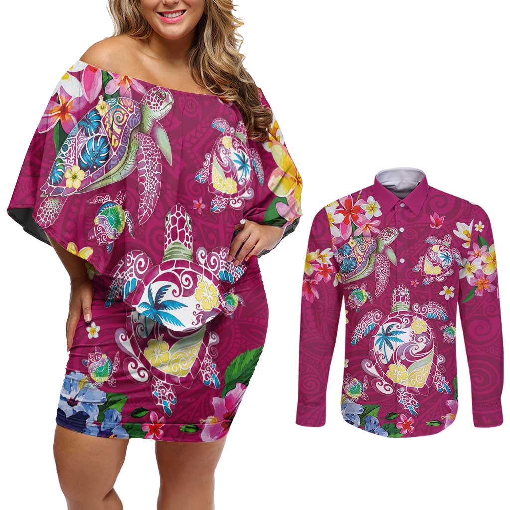 Hawaiian Turtles and Tropical Plants Couples Matching Off Shoulder Short Dress and Long Sleeve Button Shirt Pink Watercolor LT03 Pink - Polynesian Pride