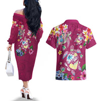 Hawaiian Turtles and Tropical Plants Couples Matching Off The Shoulder Long Sleeve Dress and Hawaiian Shirt Pink Watercolor