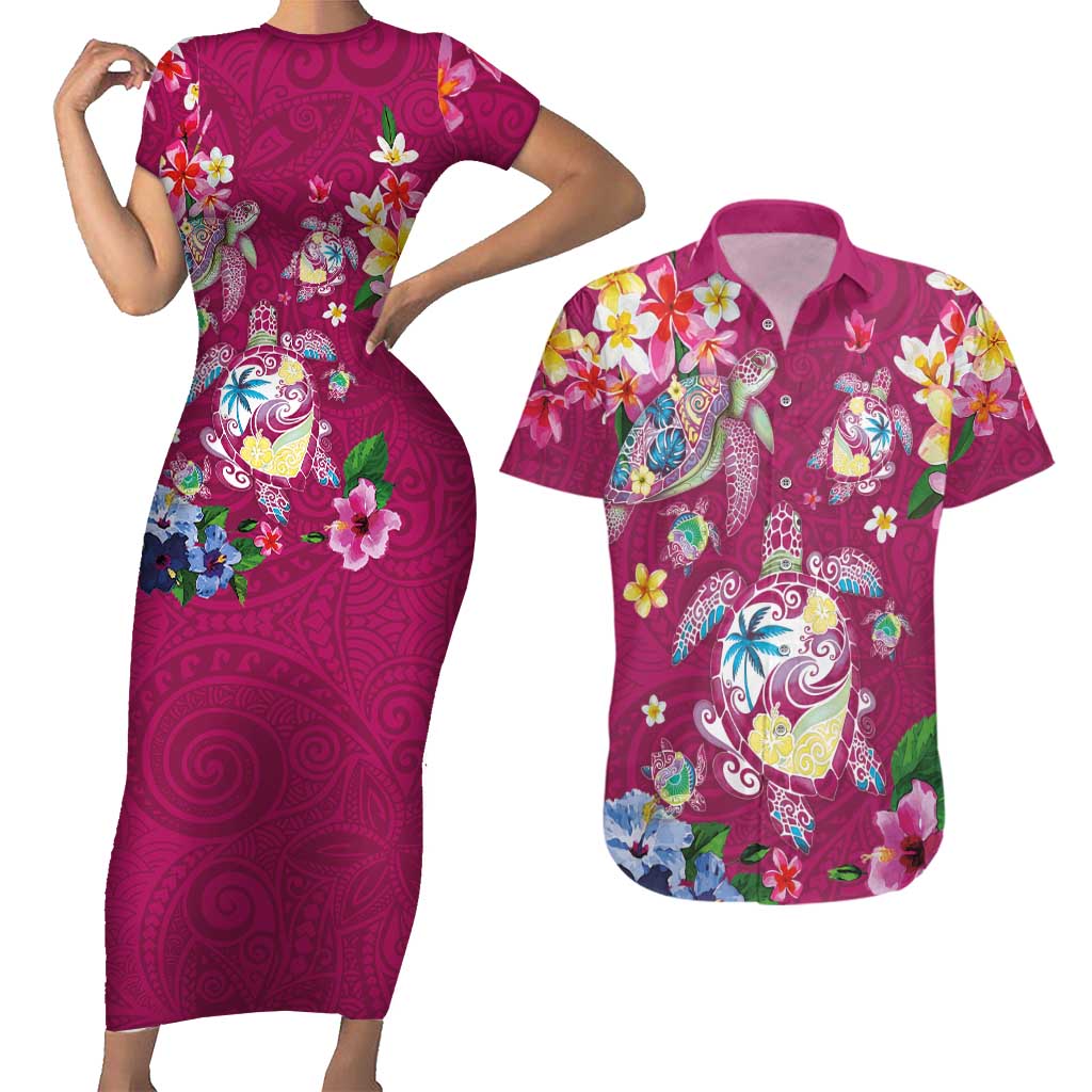 Hawaiian Turtles and Tropical Plants Couples Matching Short Sleeve Bodycon Dress and Hawaiian Shirt Pink Watercolor
