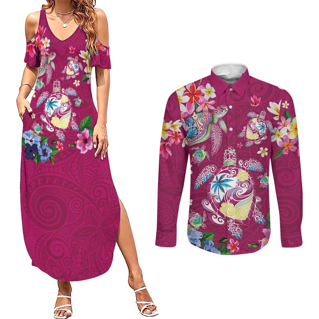 Hawaiian Turtles and Tropical Plants Couples Matching Summer Maxi Dress and Long Sleeve Button Shirt Pink Watercolor LT03 Pink - Polynesian Pride