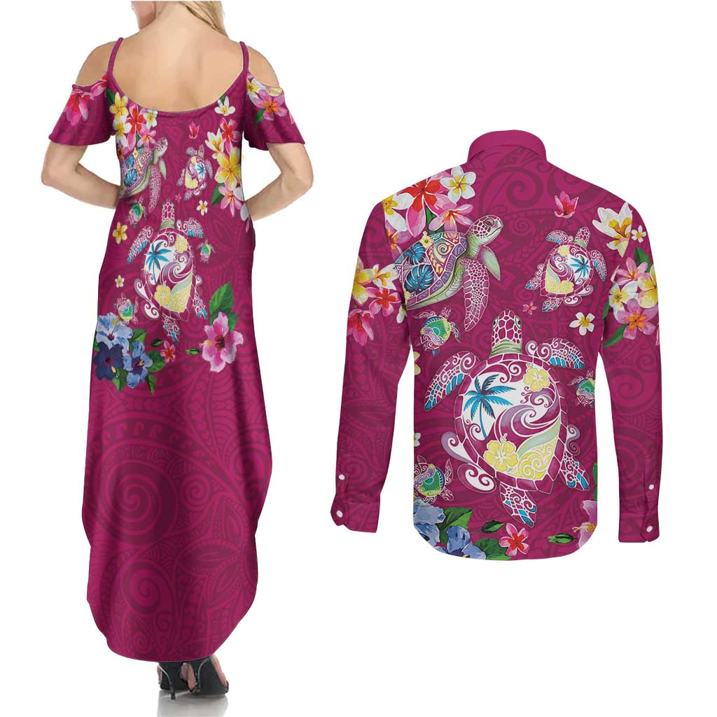 Hawaiian Turtles and Tropical Plants Couples Matching Summer Maxi Dress and Long Sleeve Button Shirt Pink Watercolor LT03 - Polynesian Pride