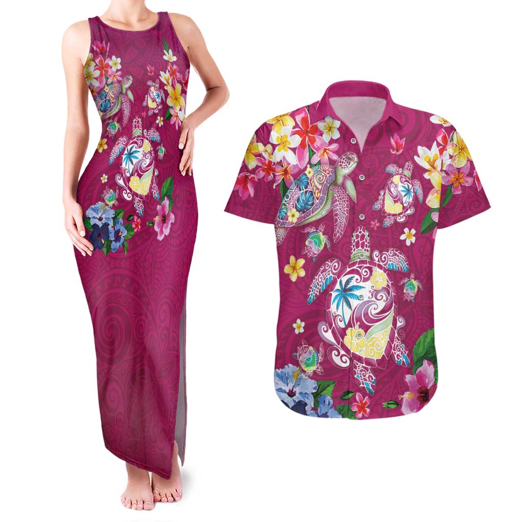 Hawaiian Turtles and Tropical Plants Couples Matching Tank Maxi Dress and Hawaiian Shirt Pink Watercolor