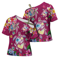 Hawaiian Turtles and Tropical Plants Cross Shoulder Shirt Pink Watercolor