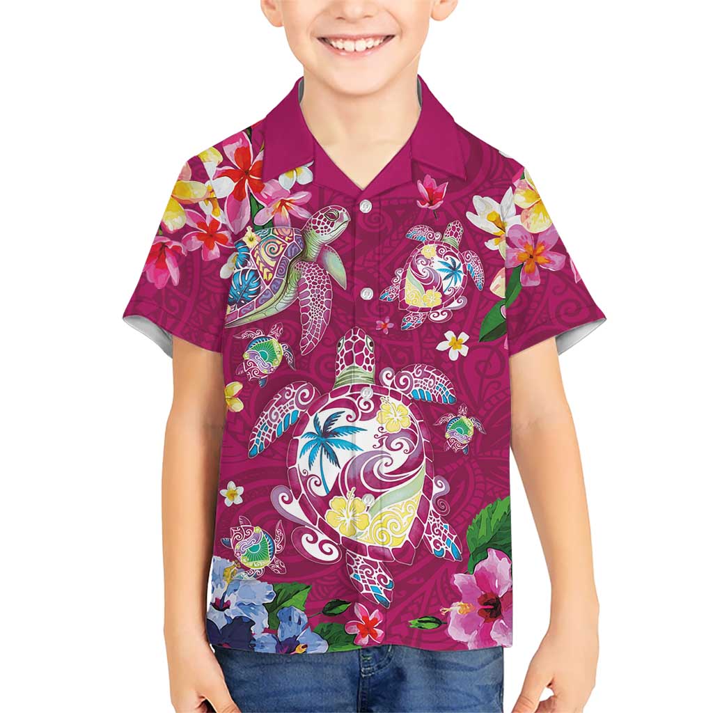 Hawaiian Turtles and Tropical Plants Family Matching Long Sleeve Bodycon Dress and Hawaiian Shirt Pink Watercolor LT03 Son's Shirt Pink - Polynesian Pride