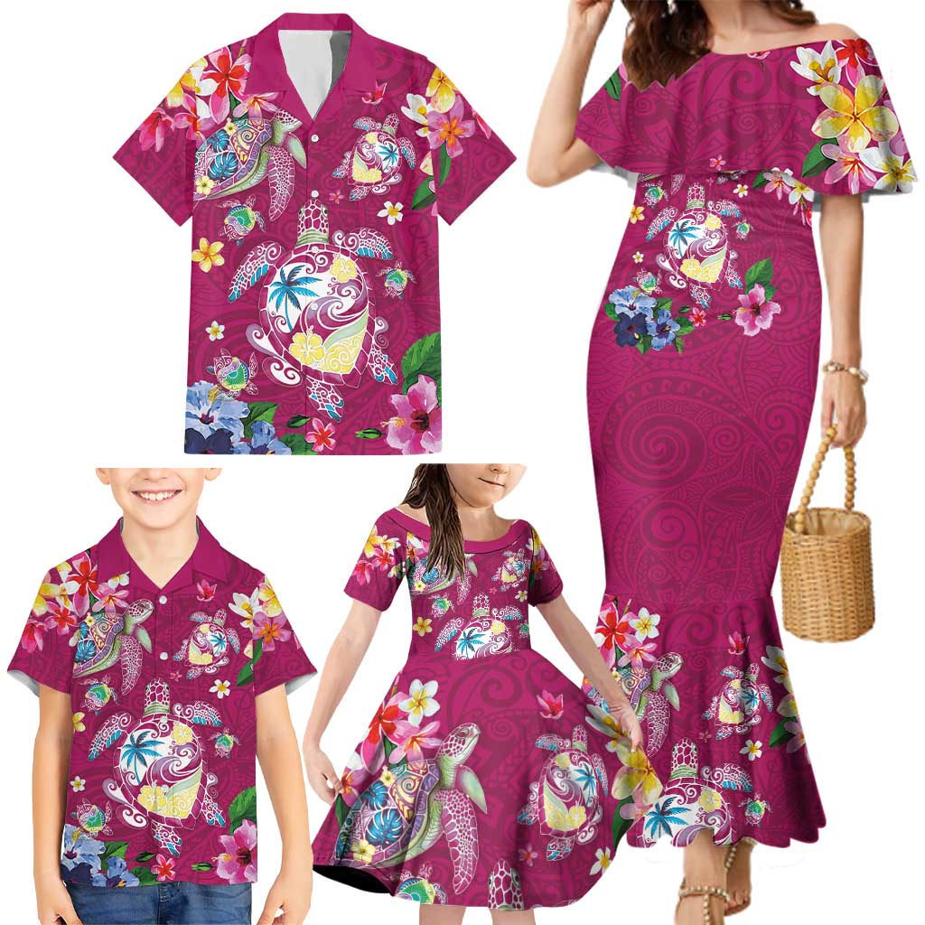 Hawaiian Turtles and Tropical Plants Family Matching Mermaid Dress and Hawaiian Shirt Pink Watercolor