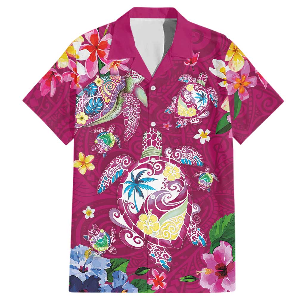 Hawaiian Turtles and Tropical Plants Family Matching Off The Shoulder Long Sleeve Dress and Hawaiian Shirt Pink Watercolor LT03 Dad's Shirt - Short Sleeve Pink - Polynesian Pride