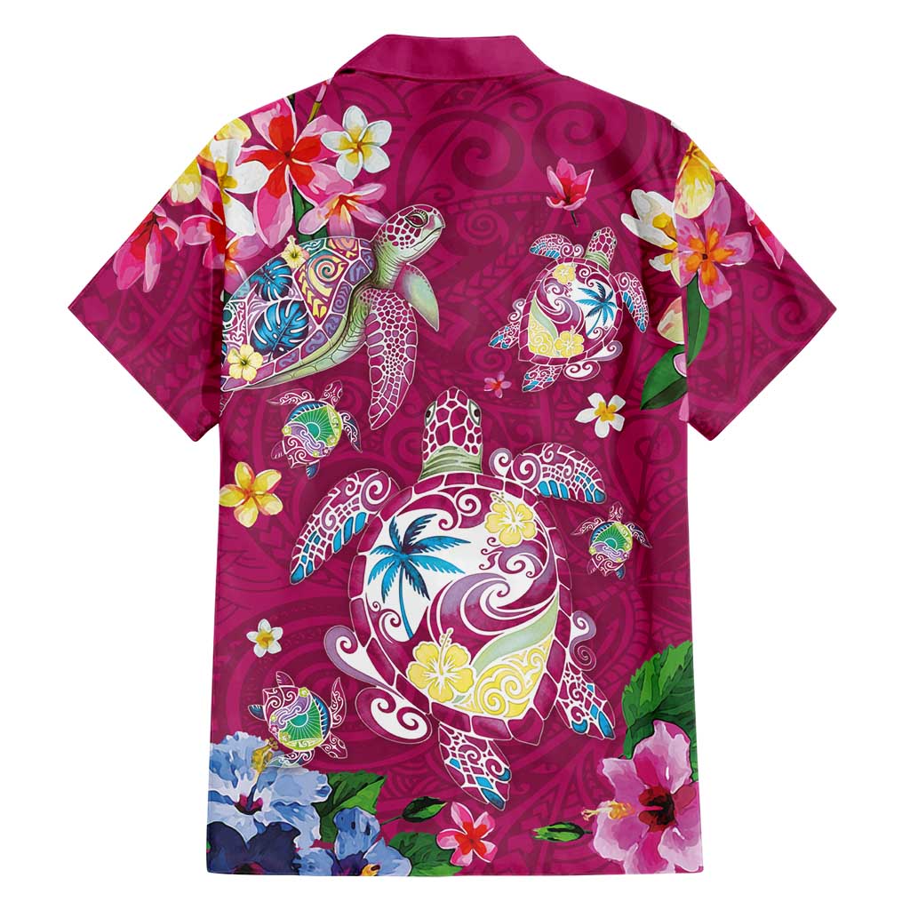Hawaiian Turtles and Tropical Plants Family Matching Off The Shoulder Long Sleeve Dress and Hawaiian Shirt Pink Watercolor LT03 - Polynesian Pride