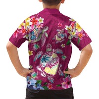 Hawaiian Turtles and Tropical Plants Family Matching Off Shoulder Maxi Dress and Hawaiian Shirt Pink Watercolor LT03 - Polynesian Pride