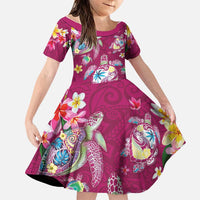 Hawaiian Turtles and Tropical Plants Family Matching Off Shoulder Maxi Dress and Hawaiian Shirt Pink Watercolor LT03 Daughter's Dress Pink - Polynesian Pride