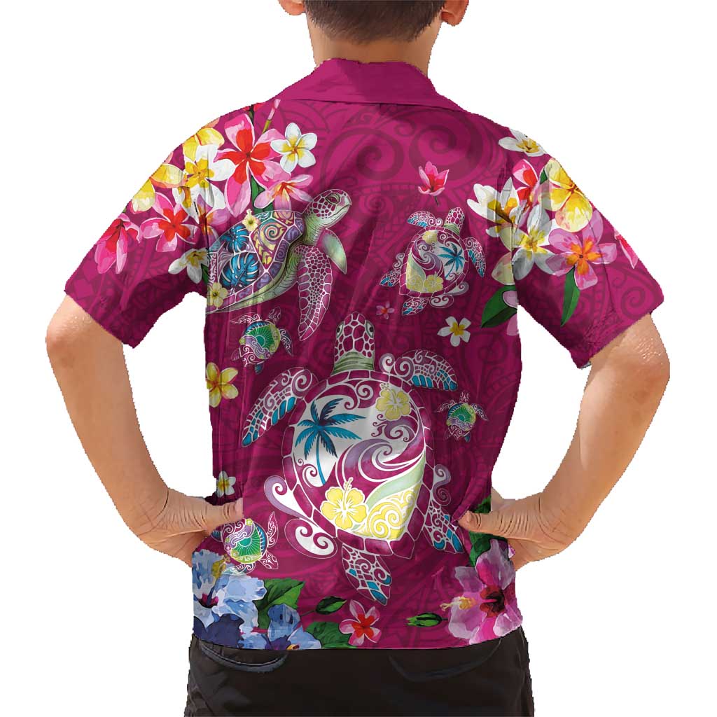 Hawaiian Turtles and Tropical Plants Family Matching Off Shoulder Short Dress and Hawaiian Shirt Pink Watercolor LT03 - Polynesian Pride