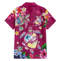 Hawaiian Turtles and Tropical Plants Family Matching Off Shoulder Short Dress and Hawaiian Shirt Pink Watercolor LT03 - Polynesian Pride