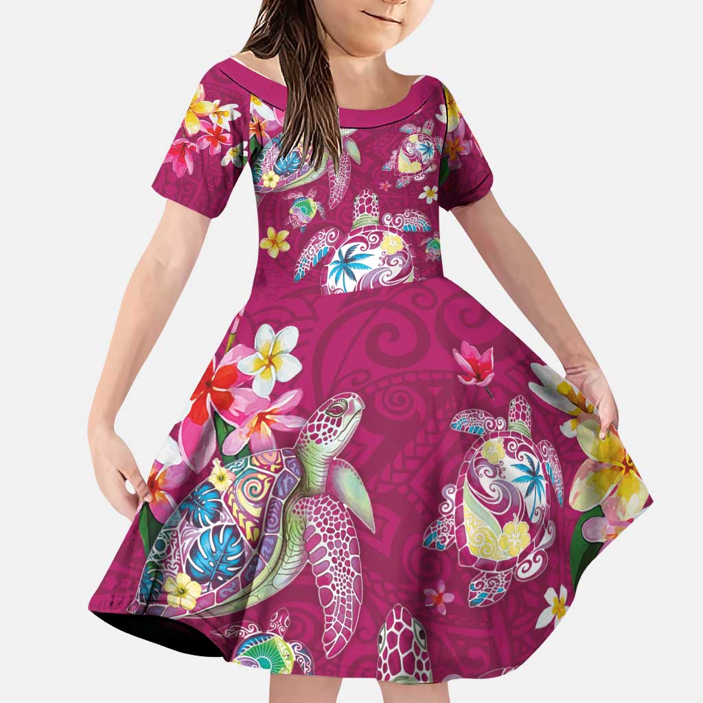 Hawaiian Turtles and Tropical Plants Family Matching Short Sleeve Bodycon Dress and Hawaiian Shirt Pink Watercolor LT03 Daughter's Dress Pink - Polynesian Pride