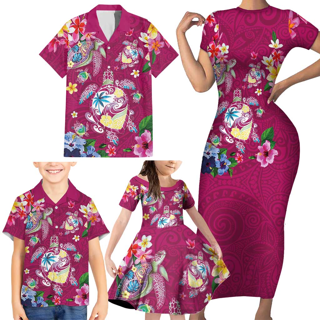 Hawaiian Turtles and Tropical Plants Family Matching Short Sleeve Bodycon Dress and Hawaiian Shirt Pink Watercolor