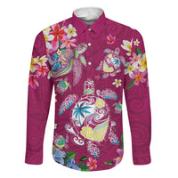 Hawaiian Turtles and Tropical Plants Family Matching Short Sleeve Bodycon Dress and Hawaiian Shirt Pink Watercolor LT03 Dad's Shirt - Long Sleeve Pink - Polynesian Pride