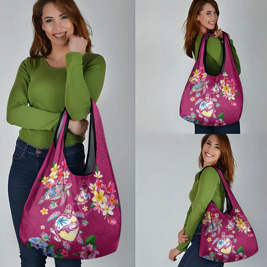 Hawaiian Turtles and Tropical Plants Grocery Bag Pink Watercolor