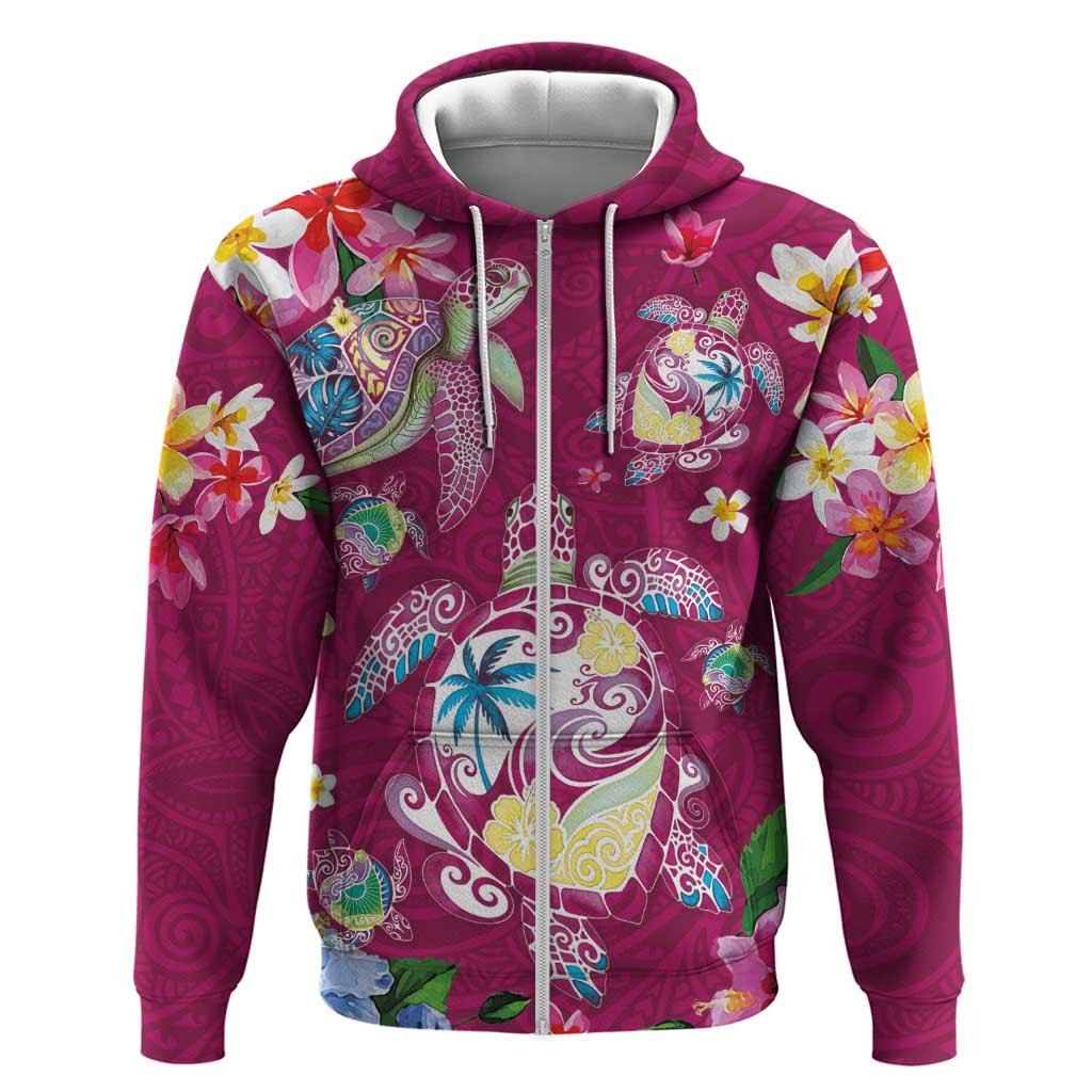 Hawaiian Turtles and Tropical Plants Hoodie Pink Watercolor LT03 Zip Hoodie Pink - Polynesian Pride