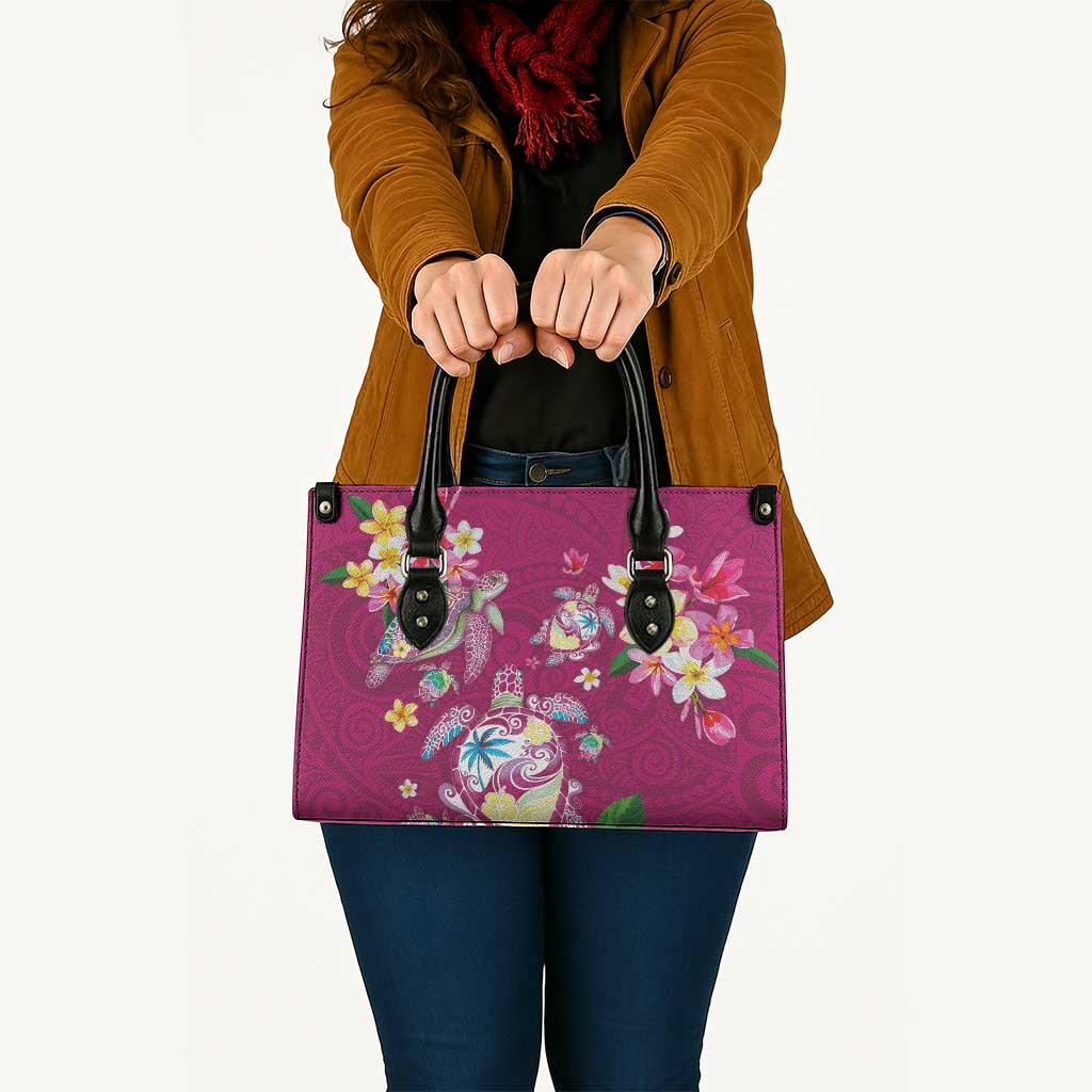 Hawaiian Turtles and Tropical Plants Leather Bag Pink Watercolor
