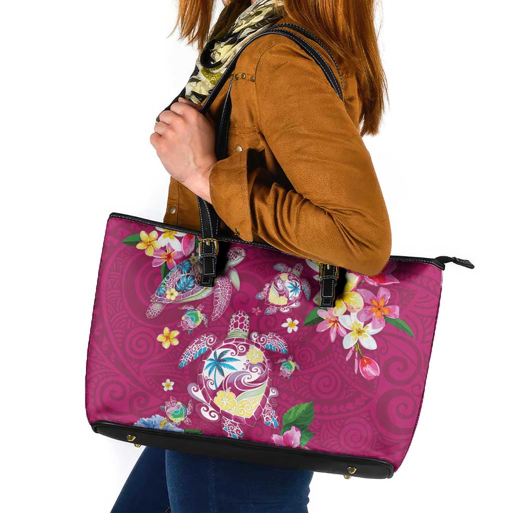 Hawaiian Turtles and Tropical Plants Leather Tote Bag Pink Watercolor LT03 Pink - Polynesian Pride