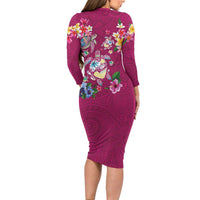 Hawaiian Turtles and Tropical Plants Long Sleeve Bodycon Dress Pink Watercolor LT03 - Polynesian Pride