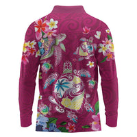 Hawaiian Turtles and Tropical Plants Long Sleeve Polo Shirt Pink Watercolor