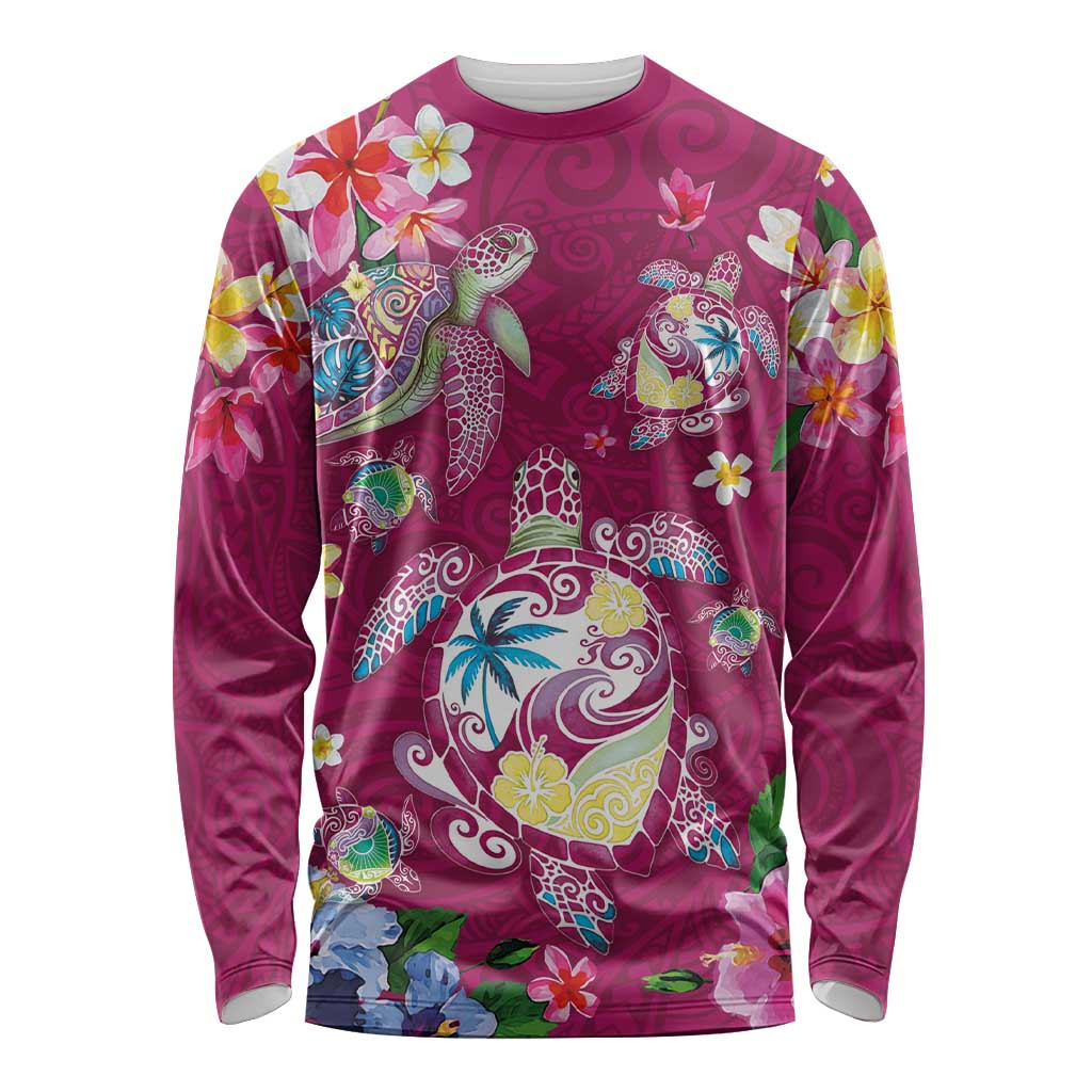 Hawaiian Turtles and Tropical Plants Long Sleeve Shirt Pink Watercolor