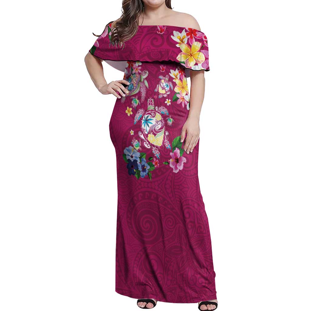 Hawaiian Turtles and Tropical Plants Off Shoulder Maxi Dress Pink Watercolor