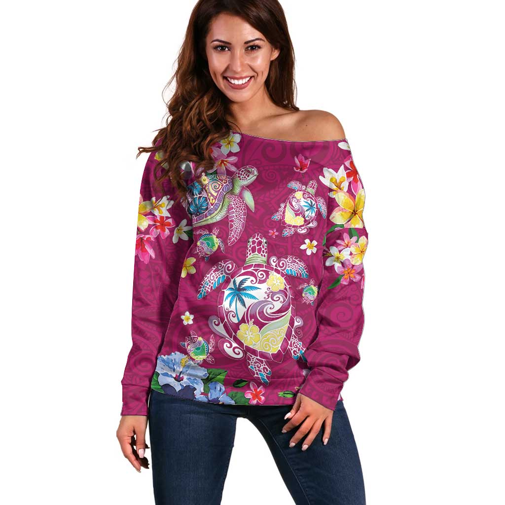 Hawaiian Turtles and Tropical Plants Off Shoulder Sweater Pink Watercolor LT03 Women Pink - Polynesian Pride