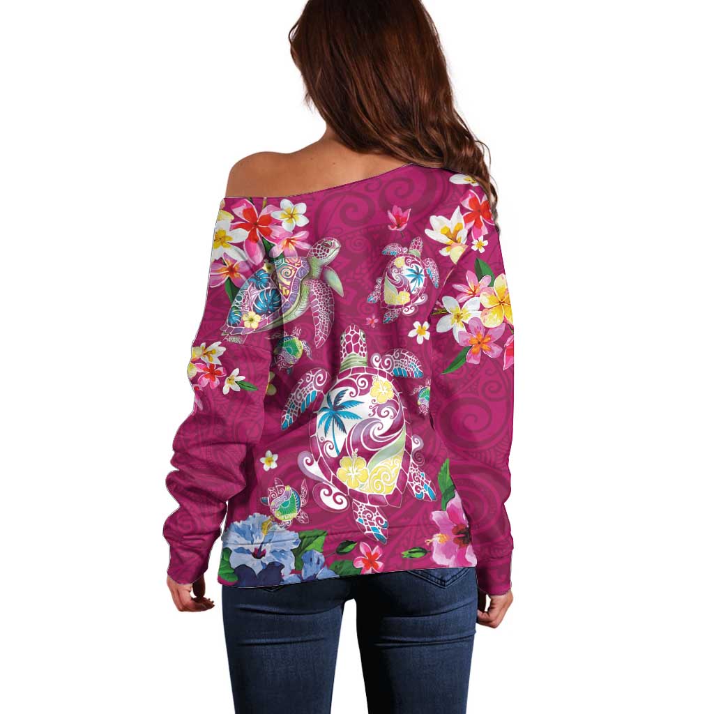 Hawaiian Turtles and Tropical Plants Off Shoulder Sweater Pink Watercolor LT03 - Polynesian Pride